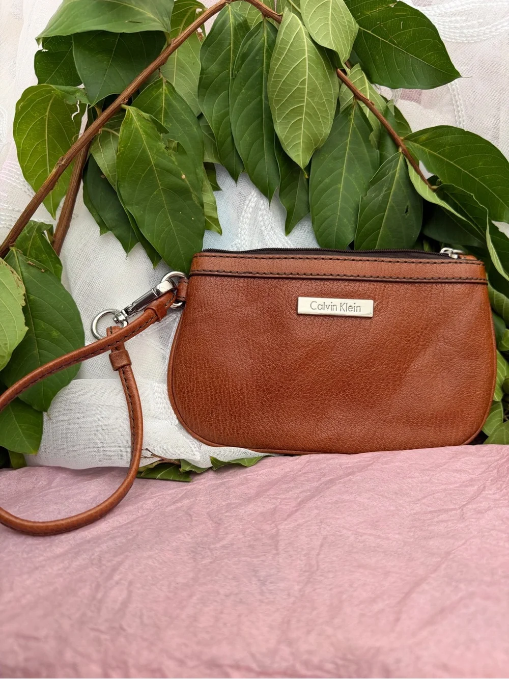 Calvin Klein Tan Pebbled Leather Wristlet Clutch